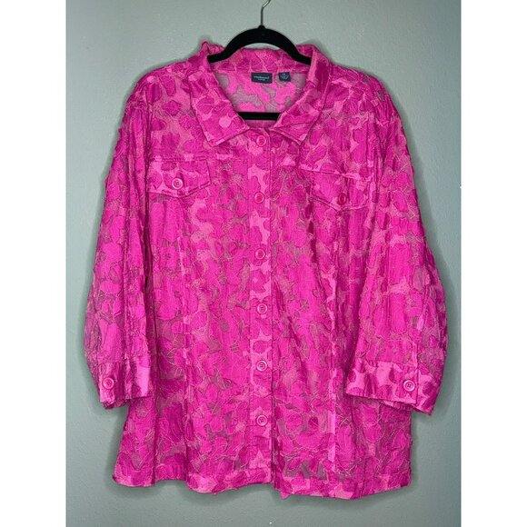 Westbound Woman Plus 3X Hot Pink Sheer Lace 3/4 Sleeve Button-Up Blouse - Picture 1 of 7